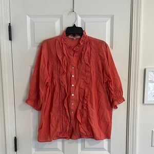 EUC 2030 Madeleine Ruffle and Lace Cotton Shirt in Pink Coral size L